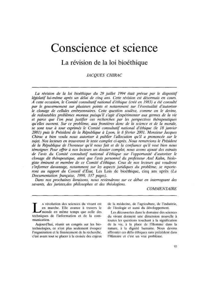 Conscience et science. La révision de la loi bioéthique
 – page 1