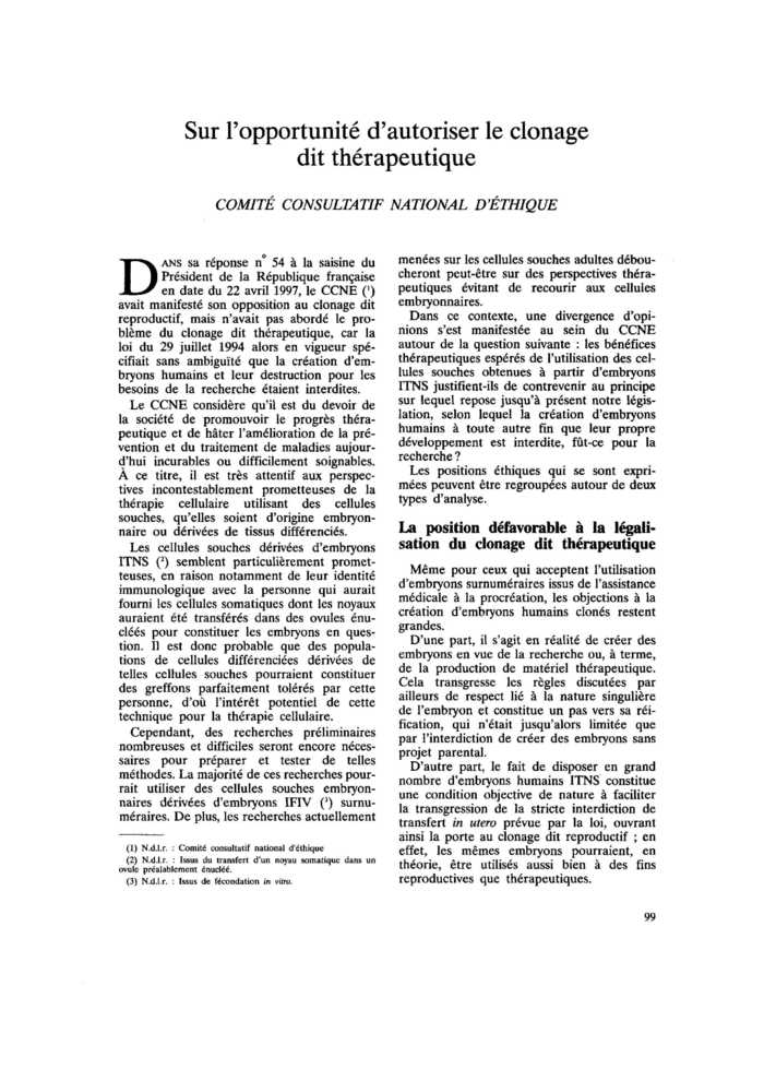 Sur l’opportunité d’autoriser le clonage dit thérapeutique
 – page 1