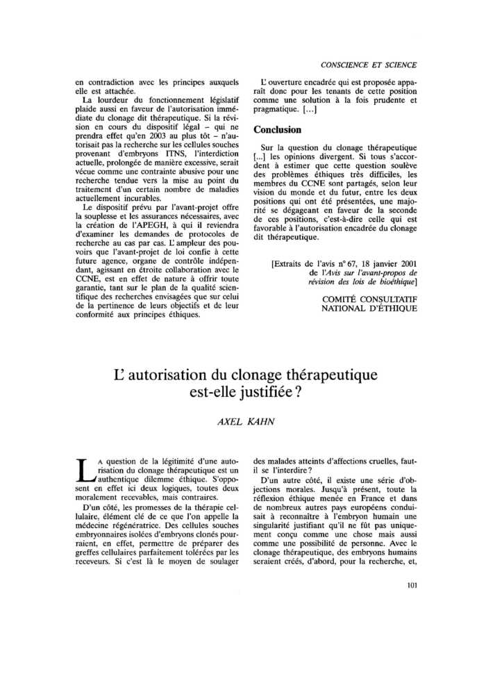 L’autorisation du clonage thérapeutique est-elle justifiée ?
 – page 1