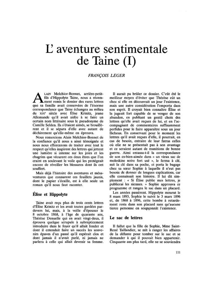 L’aventure sentimentale de Taine (I)
 – page 1