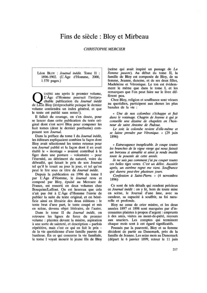 Fins de siècle : Bloy et Mirbeau
 – page 1