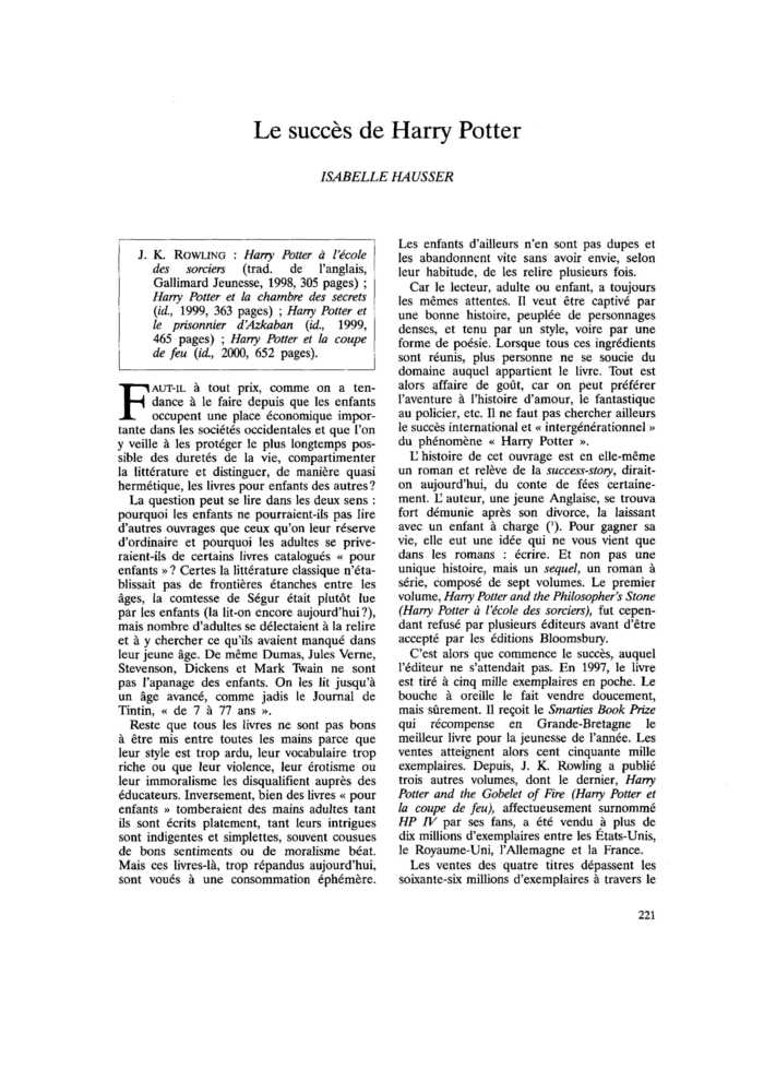 Le succès de Harry Potter
 – page 1