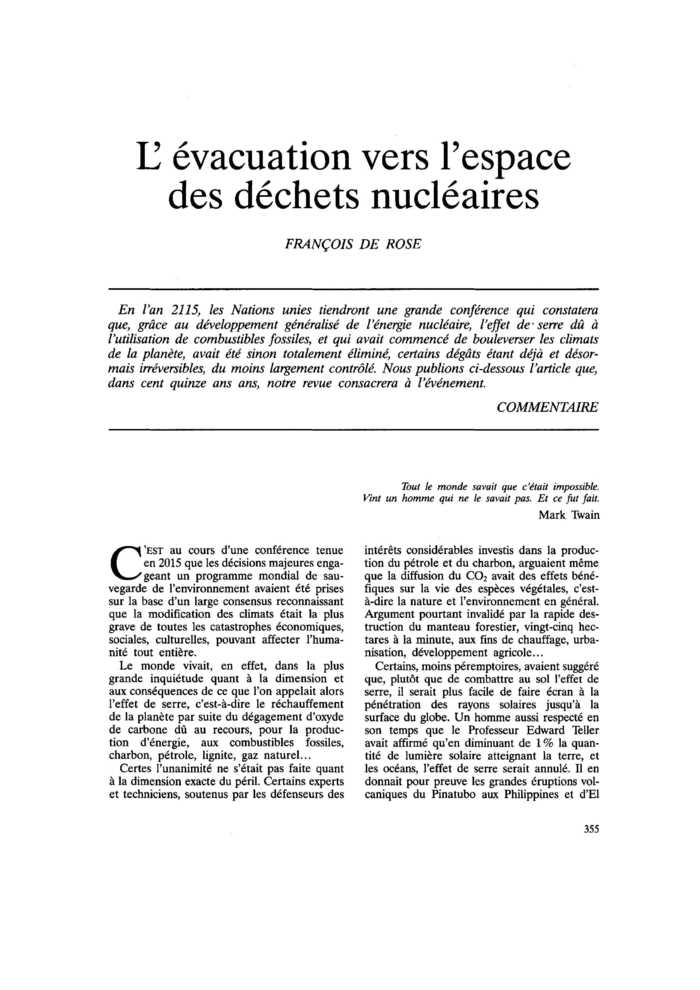 L’évacuation vers l’espace des déchets nucléaires
 – page 1