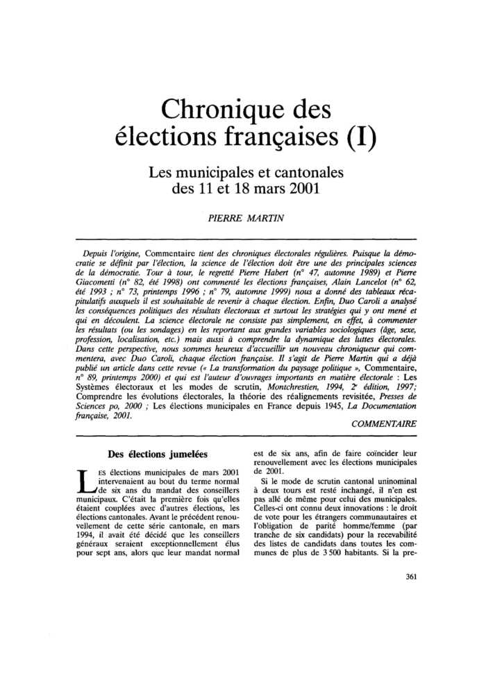 Chronique des élections françaises (I). Les municipales et cantonales des 11 et 18 mars 2001
 – page 1
