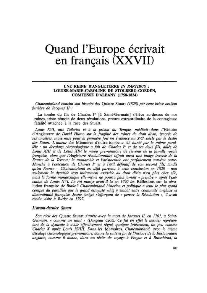 UNE REINE D’ANGLETERRE IN PARTIBUS : LOUISE-MARIE-CAROLINE DE STOLBERG-GOEDEN, COMTESSE D’ALBANY (1758-1824)
 – page 1