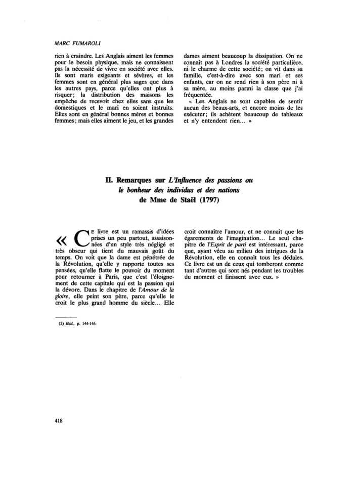 II. Remarques sur L’Influence des passions ou le bonheur des individus et des nations de Mme de Staël (1797)
 – page 1