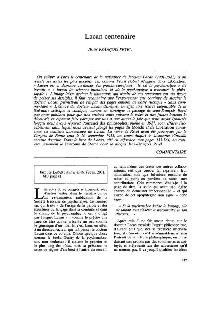 Lacan centenaire
 – page 1