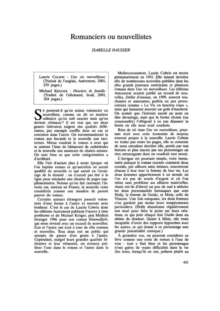 Romanciers ou nouvellistes
 – page 1