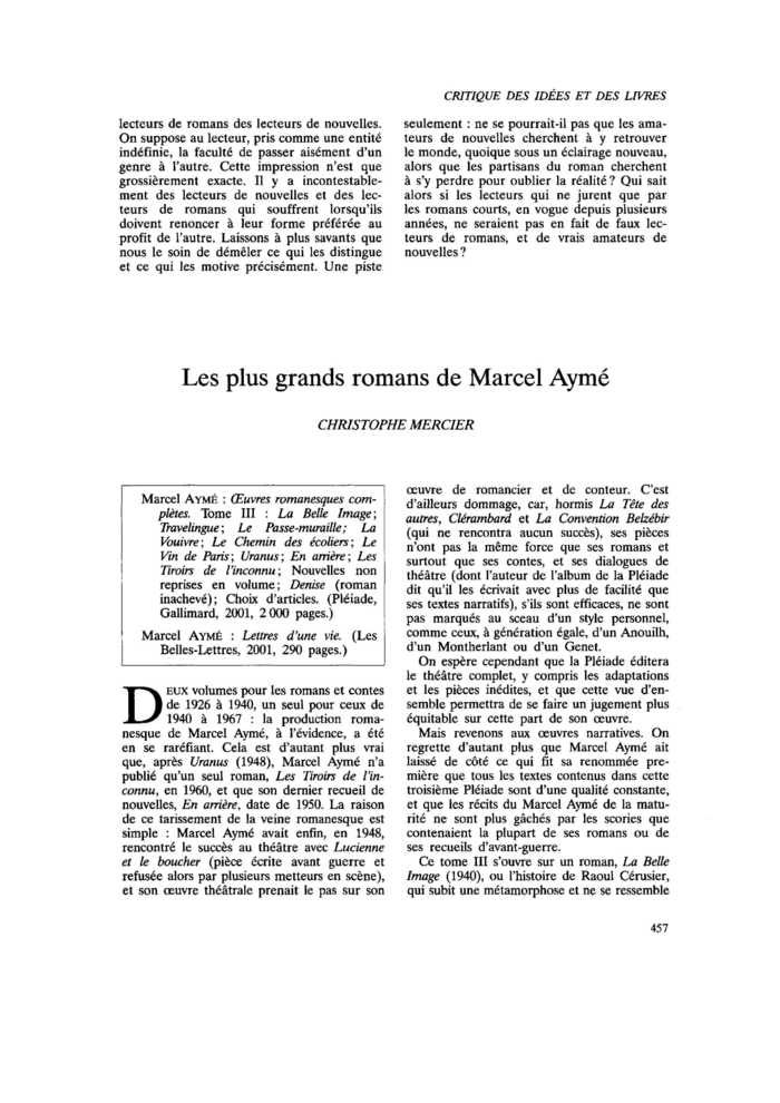 Les plus grands romans de Marcel Aymé
 – page 1