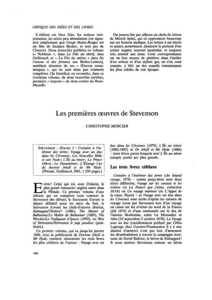 Les premières œuvres de Stevenson
 – page 1