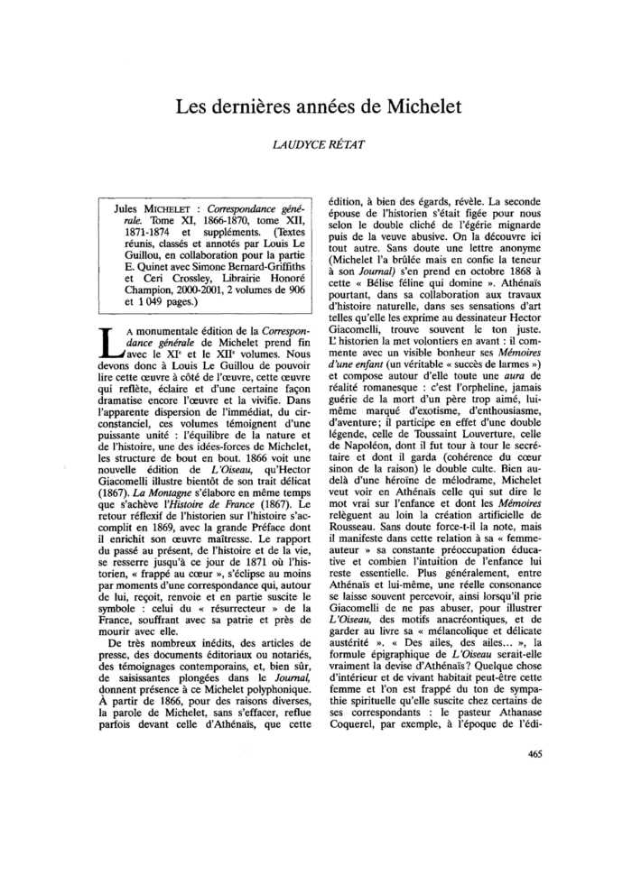 Les dernières années de Michelet
 – page 1