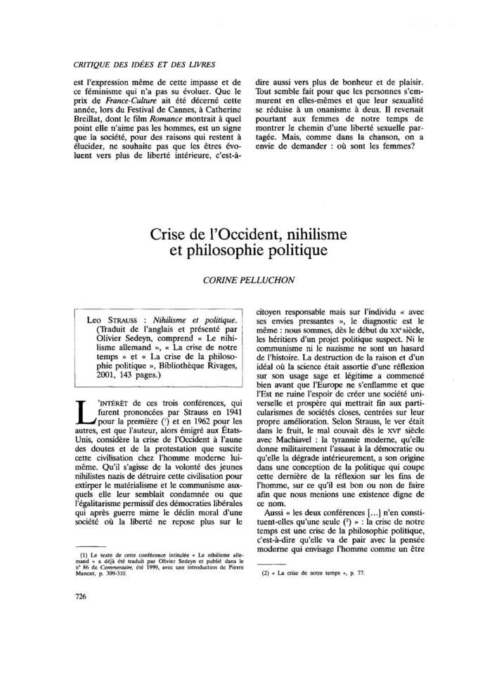 Crise de l’Occident, nihilisme et philosophie politique
 – page 1