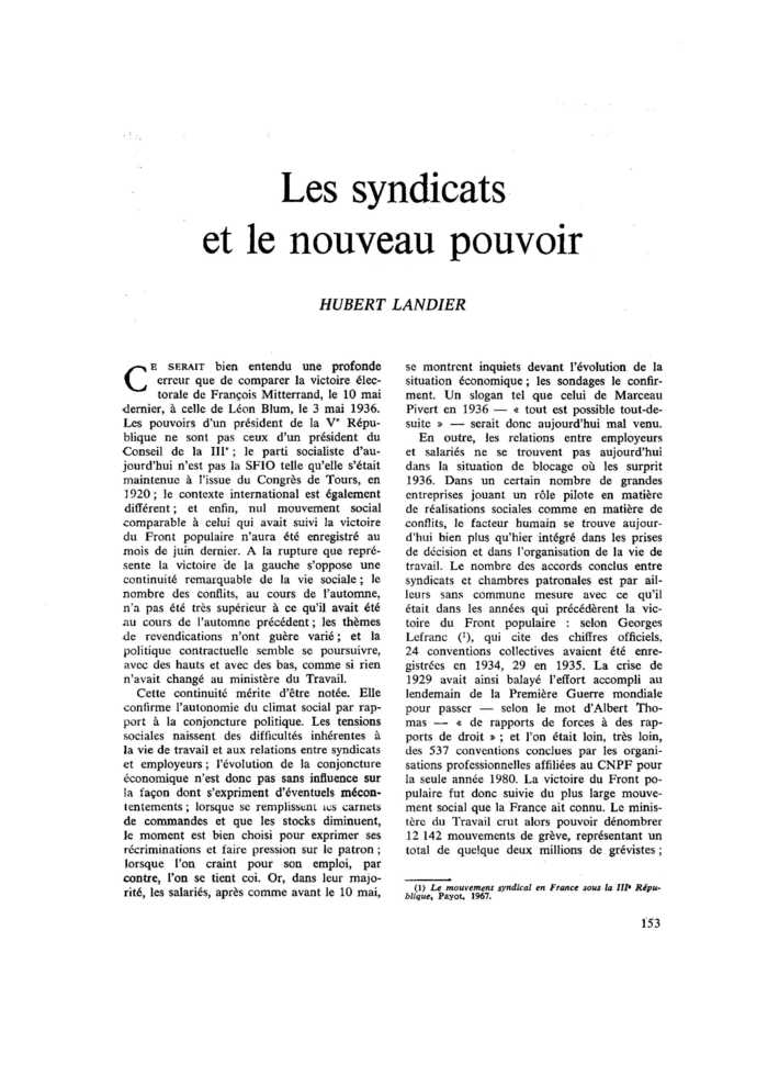 Les syndicats et le nouveau pouvoir
 – page 1