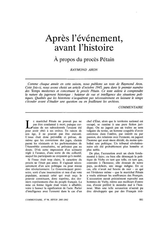 Après l’événement, avant l’histoire. À propos du procès Pétain
 – page 1