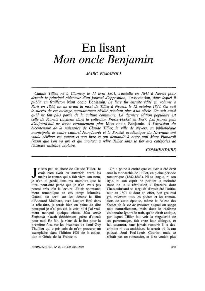 En lisant Mon oncle Benjamin
 – page 1