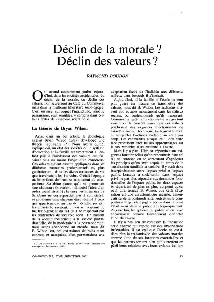 Déclin de la morale ? Déclin des valeurs ?
 – page 1