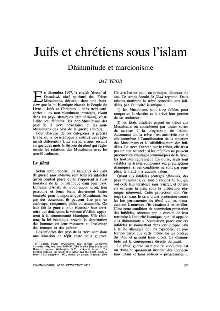 Juifs et chrétiens sous l’islam. Dhimmitude et marcionisme
 – page 1