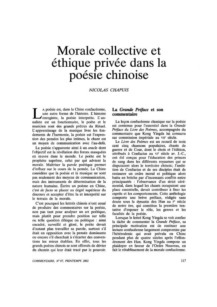 Morale collective et éthique privée dans la poésie chinoise
 – page 1