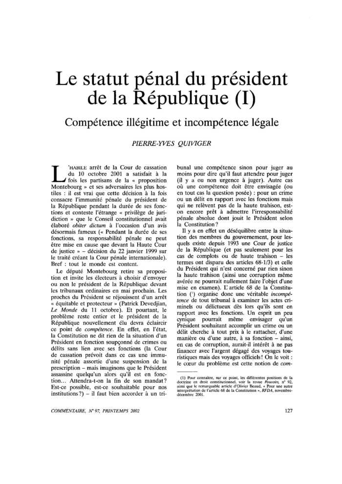 Le statut pénal du président de la République (I). Compétence illégitime et incompétence légale
 – page 1