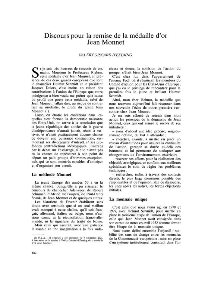 Discours pour la remise de la médaille d’or Jean Monnet
 – page 1