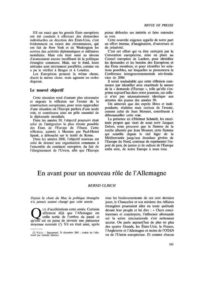 En avant pour un nouveau rôle de l’Allemagne
 – page 1