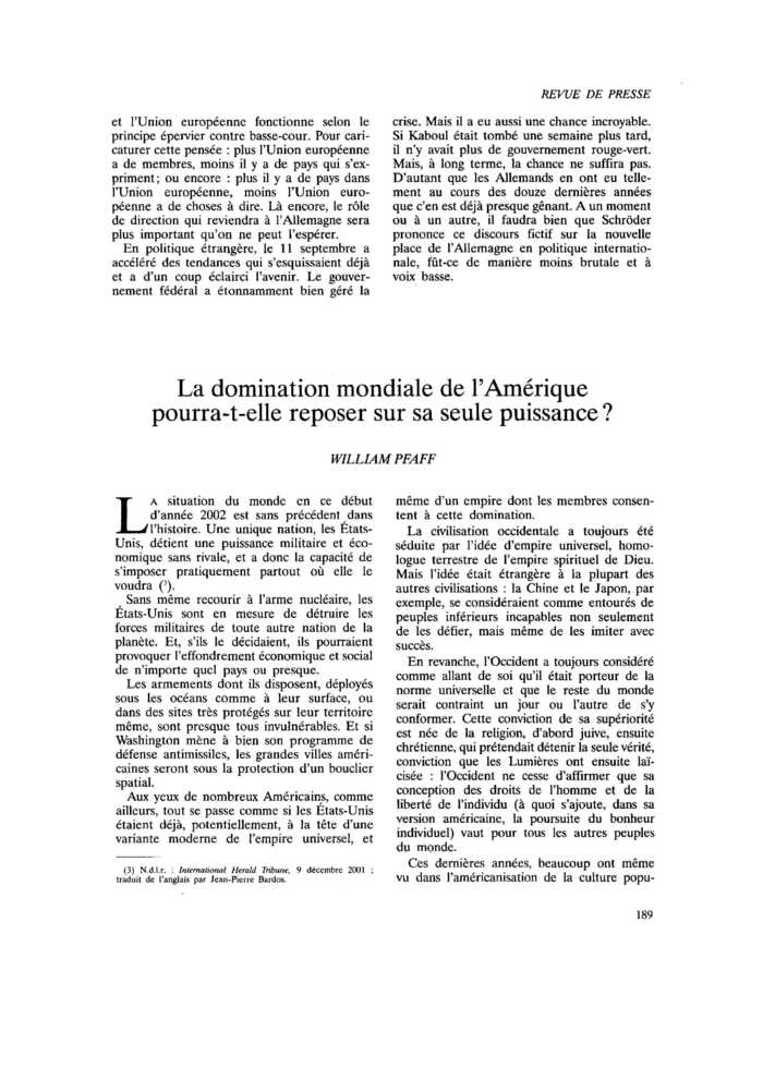 La domination mondiale de l’Amérique pourra-t-elle reposer sur sa seule puissance ?
 – page 1