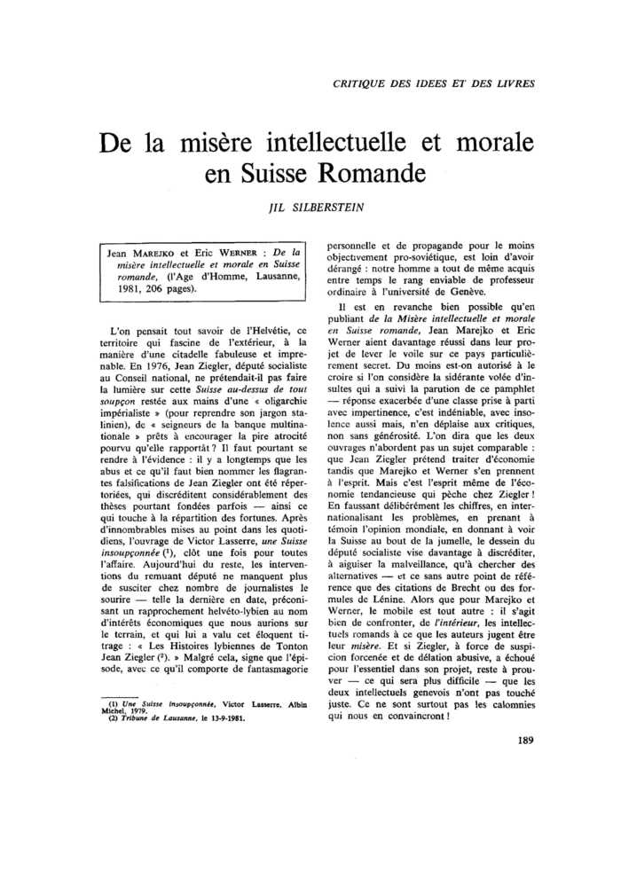 De la misère intellectuelle et morale en Suisse Romande
 – page 1