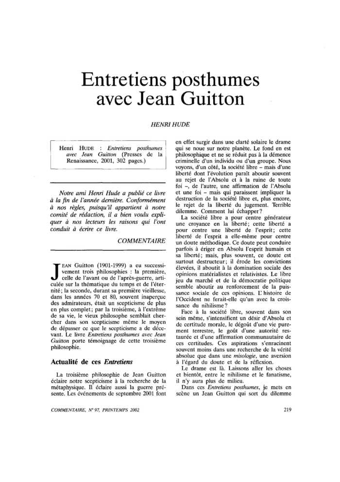 Entretiens posthumes avec Jean Guitton
 – page 1