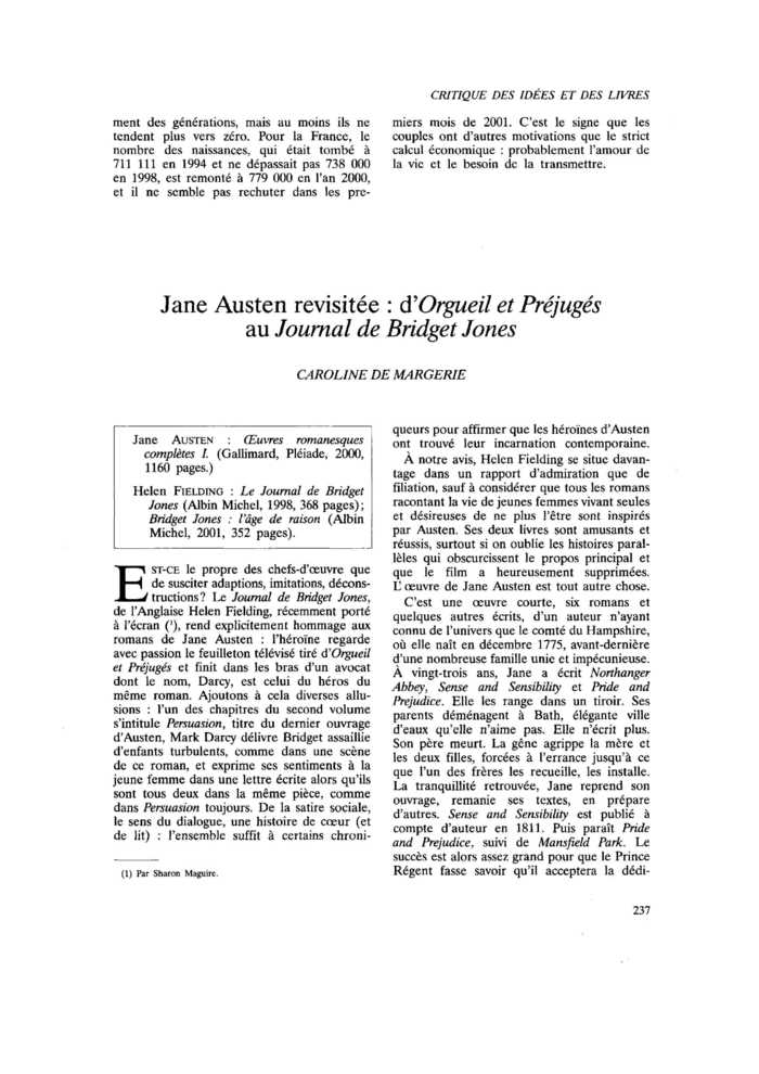 Jane Austen revisitée : d’Orgueil et Préjugés au Journal de Bridget Jones
 – page 1