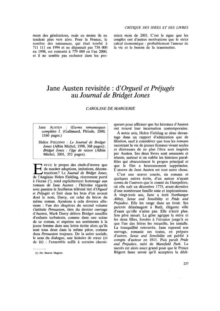 Jane Austen revisitée : d’Orgueil et Préjugés au Journal de Bridget Jones
 – page 1