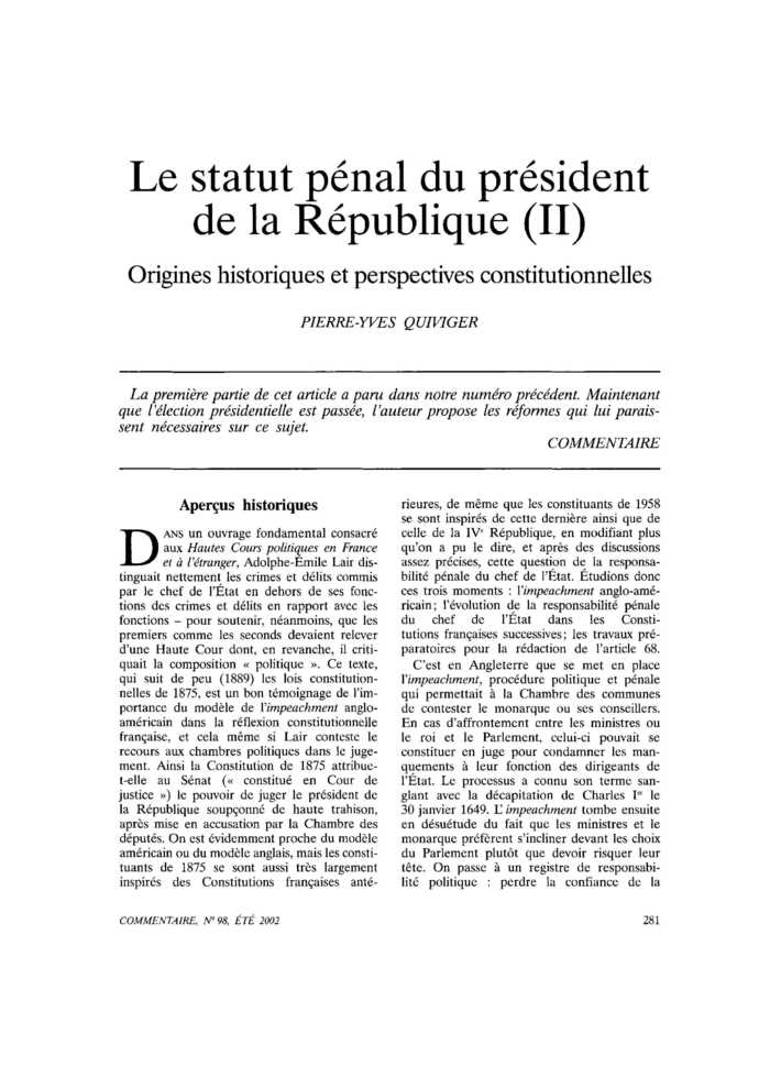 Le statut pénal du président de la République (II). Origines historiques et perspectives constitutionnelles
 – page 1