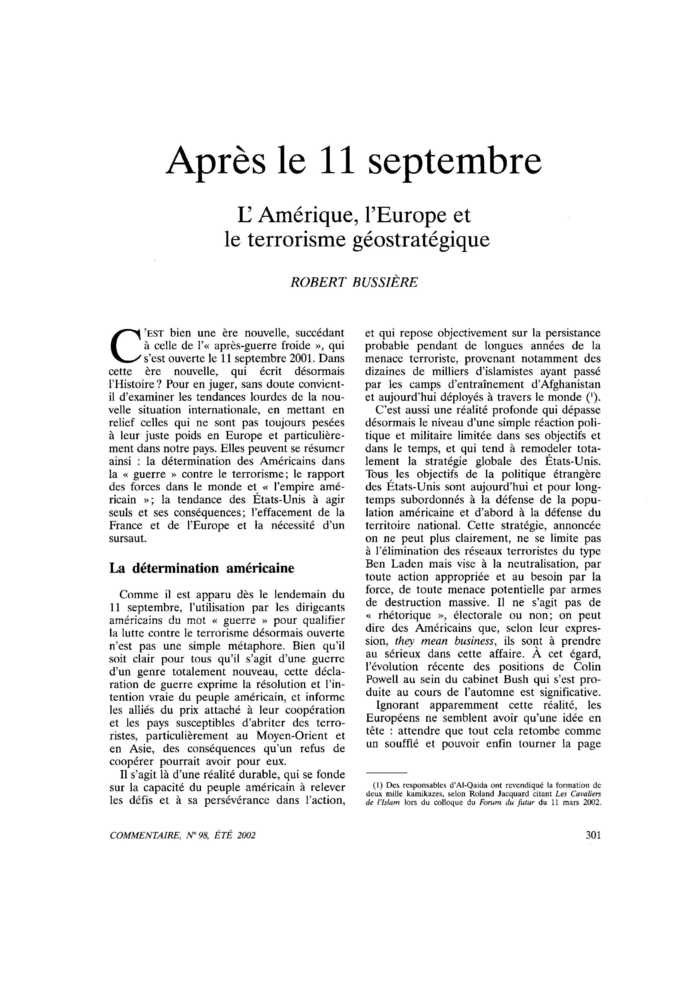 Après le 11 septembre. L’Amérique, l’Europe et le terrorisme géostratégique
 – page 1