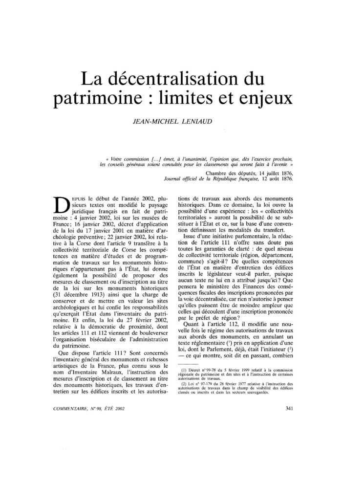 La décentralisation du patrimoine : limites et enjeux
 – page 1