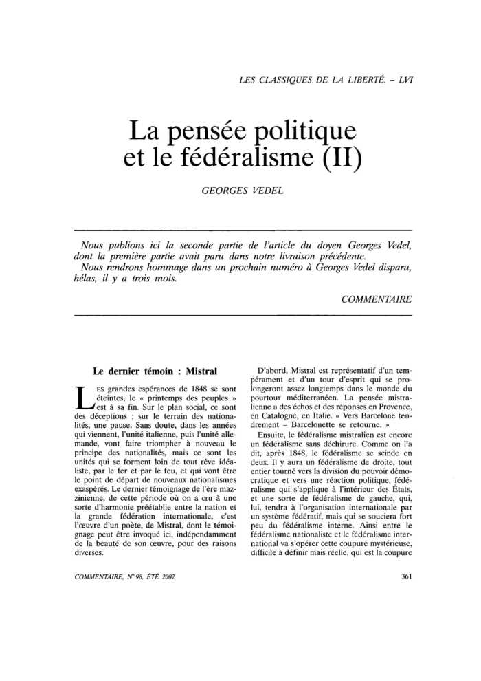 La pensée politique et le fédéralisme (II)
 – page 1