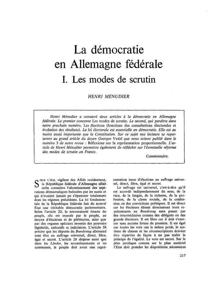 La démocratie en Allemagne fédérale. I. Les modes de scrutin
 – page 1