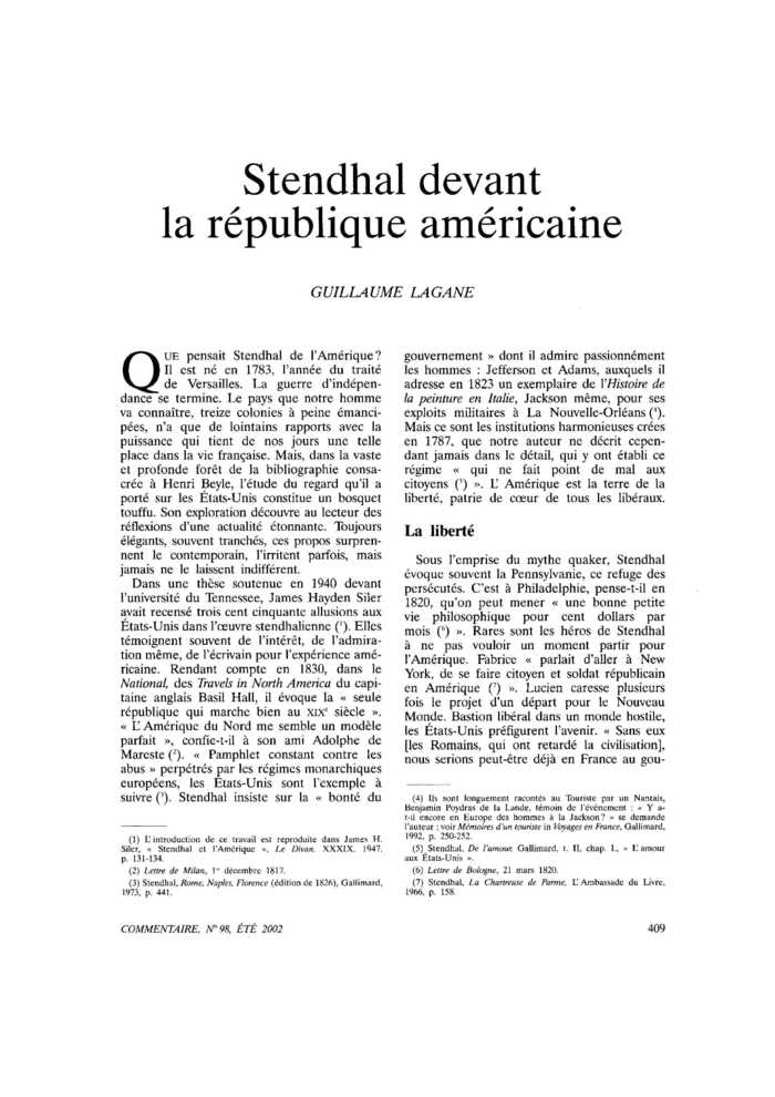 Stendhal devant la république américaine
 – page 1