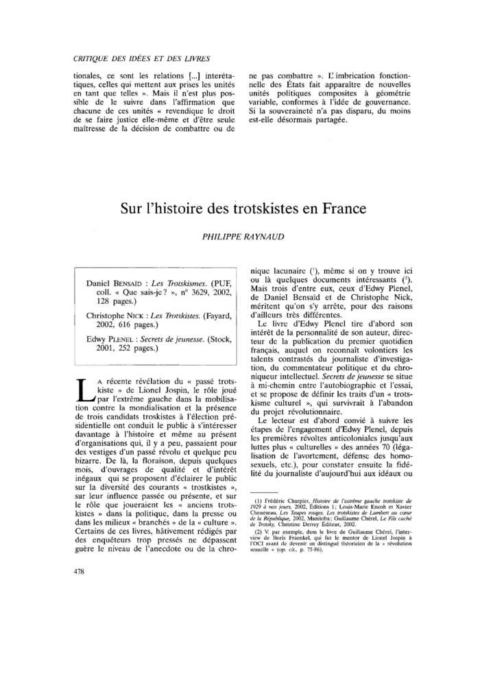 Sur l’histoire des trotskistes en France
 – page 1