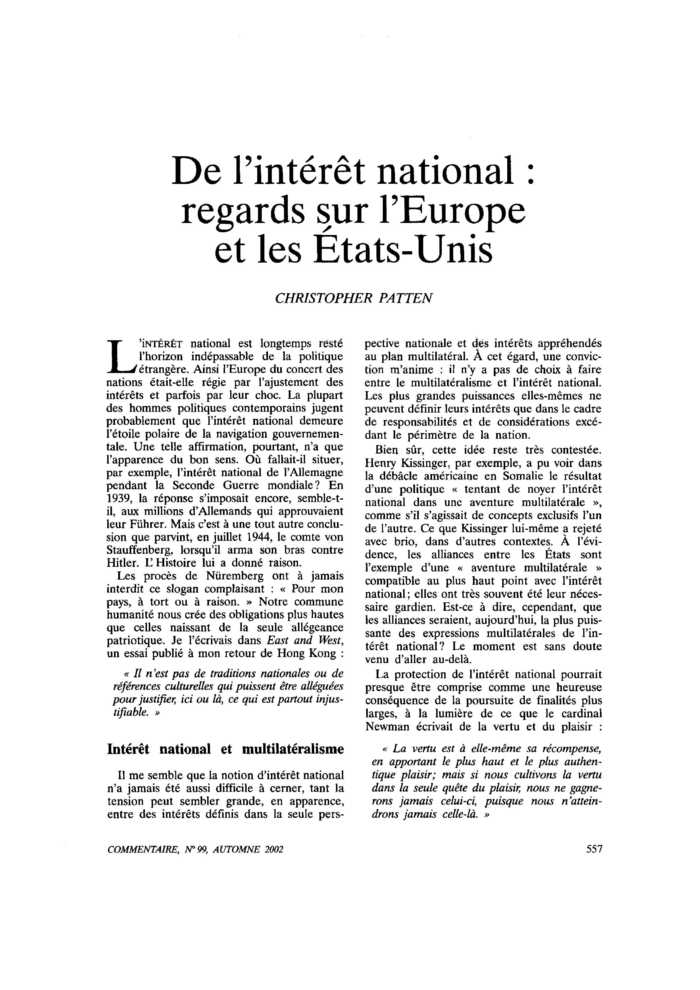 De l’intérêt national : regards sur l’Europe et les États-Unis
 – page 1