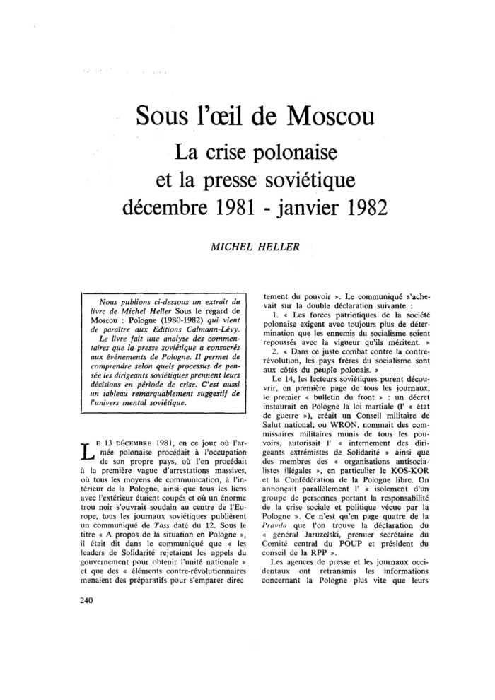 Sous l’œil de Moscou. La crise polonaise et la presse soviétique décembre 1981-janvier 1982
 – page 1
