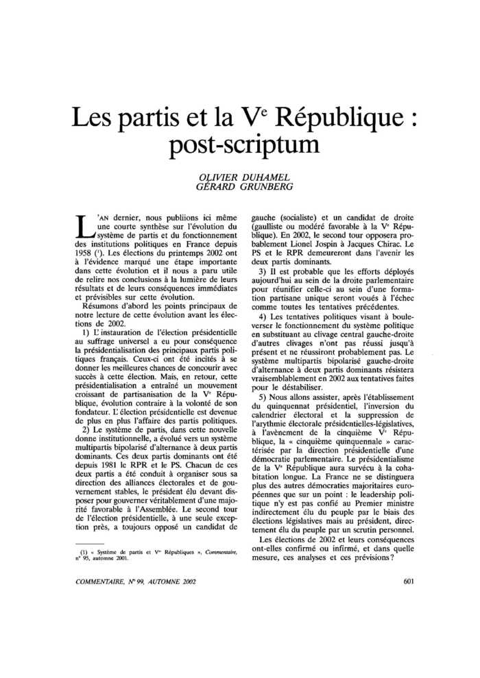Les partis et la Ve République : post-scriptum
 – page 1
