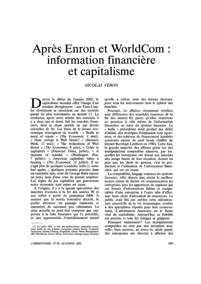 Après Enron et WorldCom : information financière et capitalisme
 – page 1