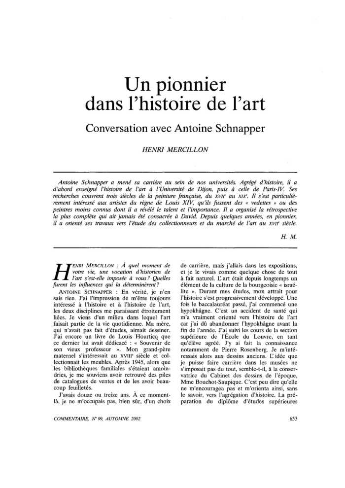 Un pionnier dans l’histoire de l’art. Conversation avec Antoine Schnapper
 – page 1
