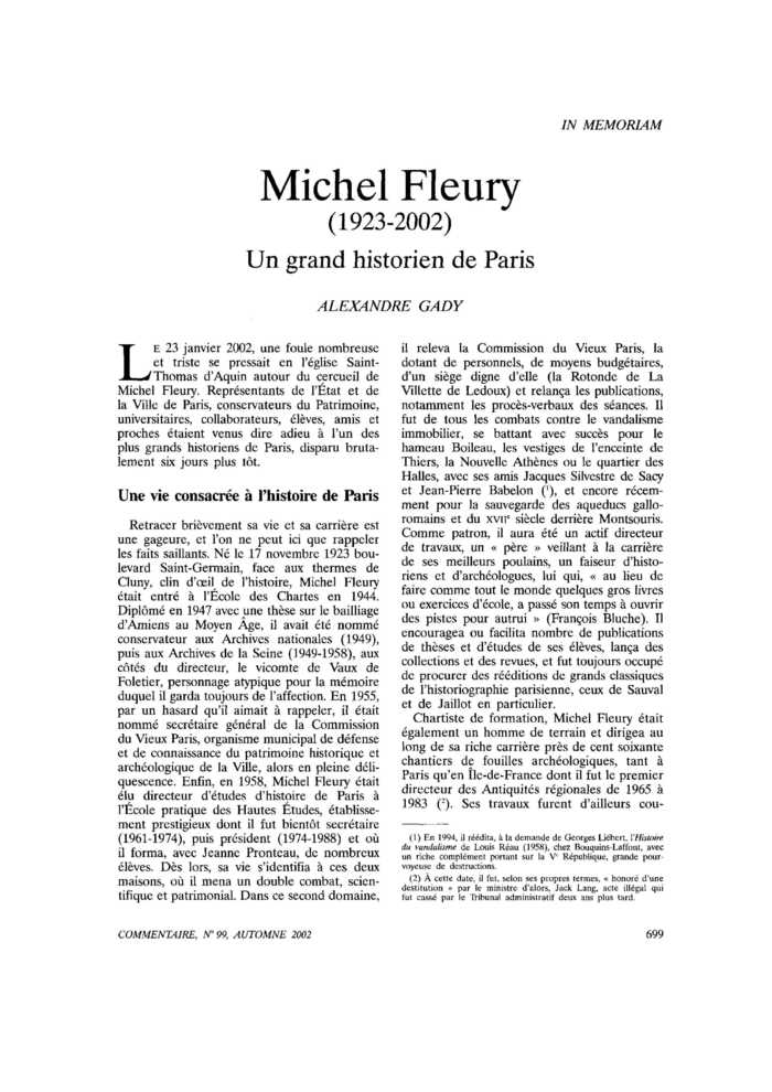 Michel Fleury (1923-2002). Un grand historien de Paris
 – page 1