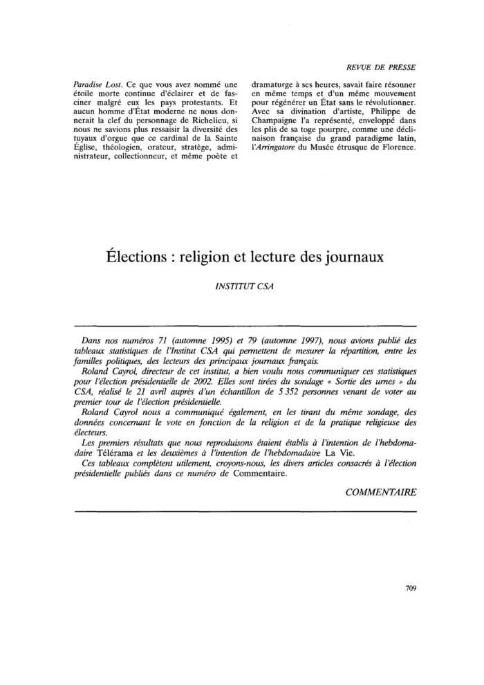 Élections : religion et lecture des journaux
 – page 1