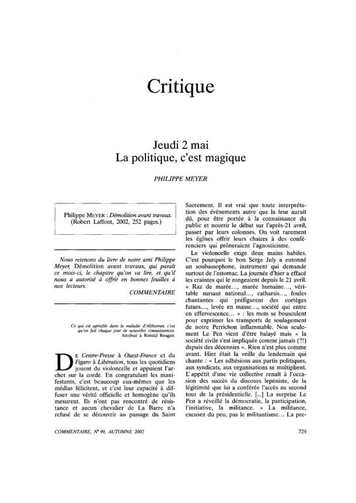 Jeudi 2 mai. La politique, c’est magique
 – page 1