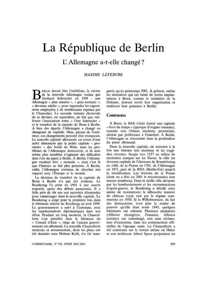 La République de Berlin. L’Allemagne a-t-elle changé ?
 – page 1