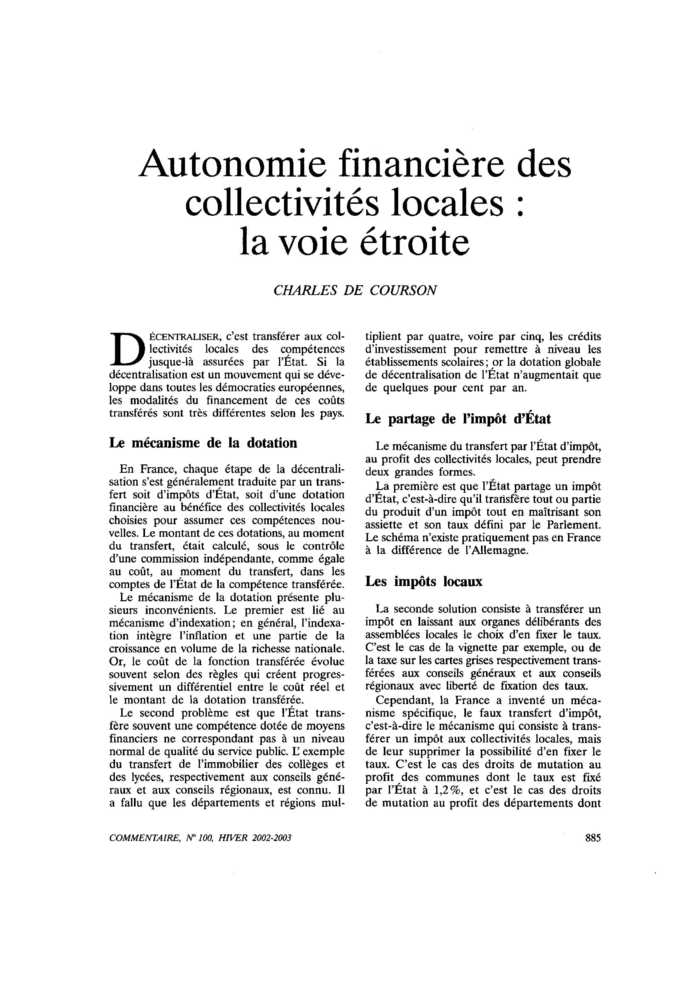 Autonomie financière des collectivités locales : la voie étroite
 – page 1