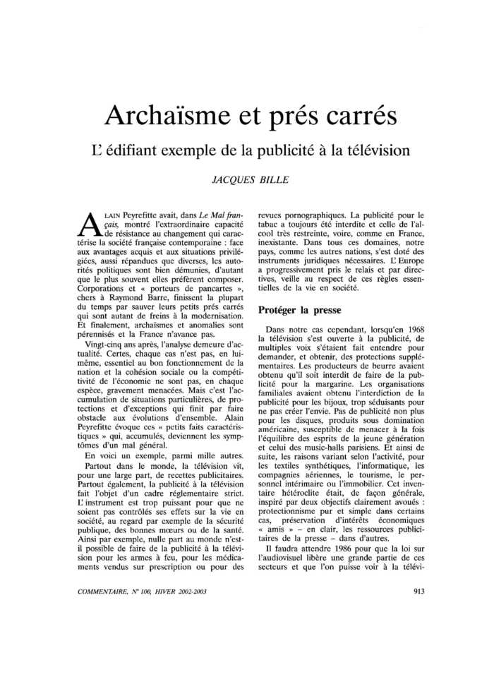 Archaïsme et prés carrés. L’édifiant exemple de la publicité à la télévision
 – page 1