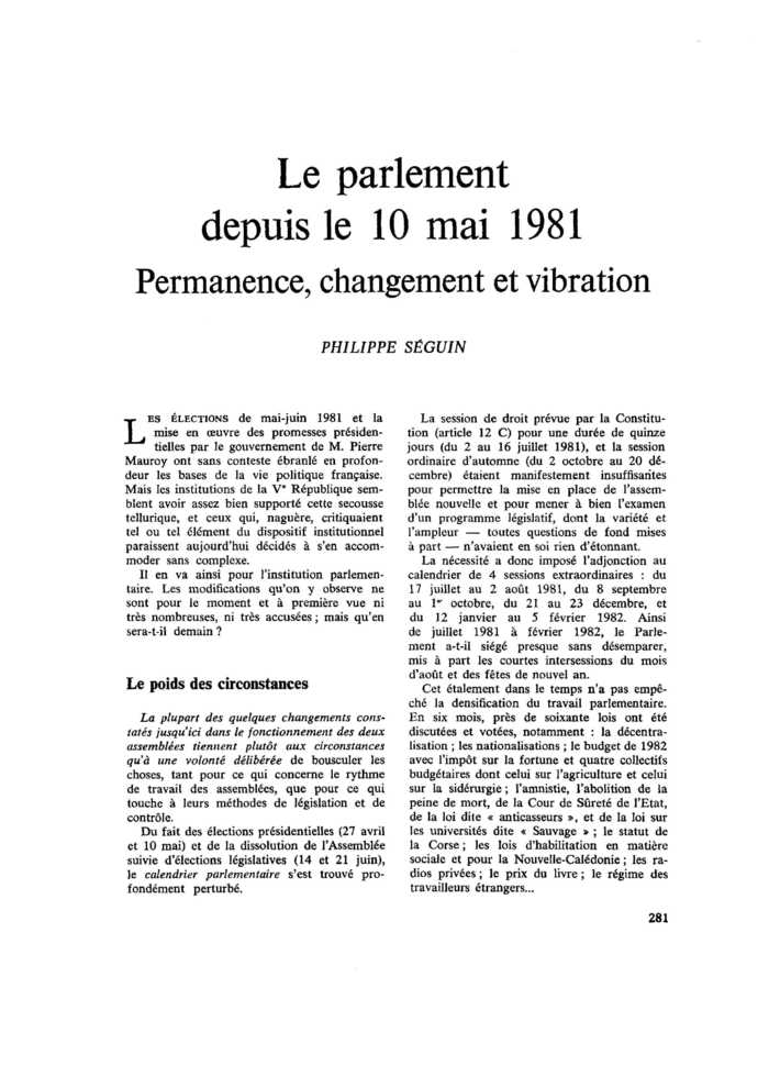 Le parlement depuis le 10 mai 1981. Permanence, changement et vibration
 – page 1