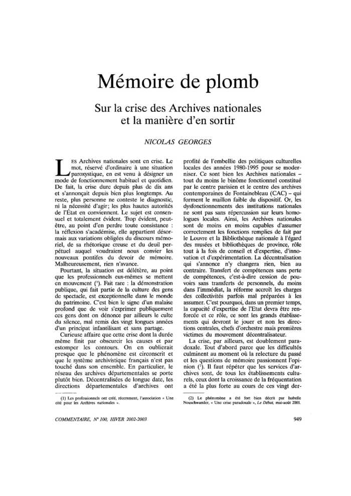 Mémoire de plomb. Sur la crise des Archives nationales et la manière d’en sortir
 – page 1